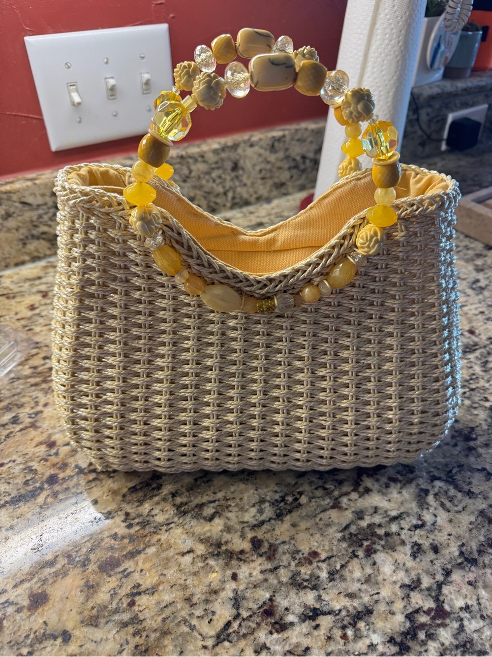 "VTG Cappelli Straworld Yellow Beaded Handle Woven Straw Bag Boho Y2K"